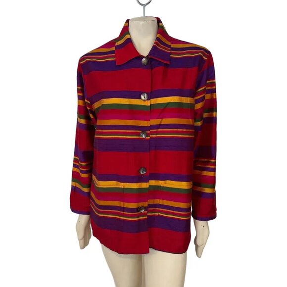 VTG CHICO'S 100% Silk Art to Wear Oversized Striped Shirt Jacket Shacket SZ M - Picture 1 of 10
